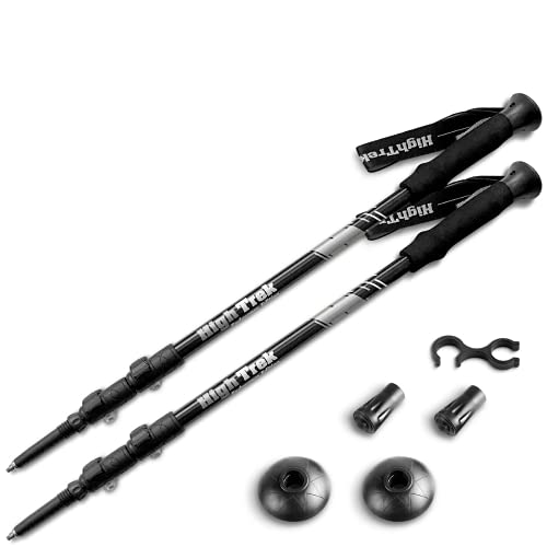 High Trek Trekking Poles - 2-pc Pack Adjustable Hiking or Walking Sticks - Strong Lightweight Aluminum 7075 - Quick Adjust Flip-Locks - Silver
