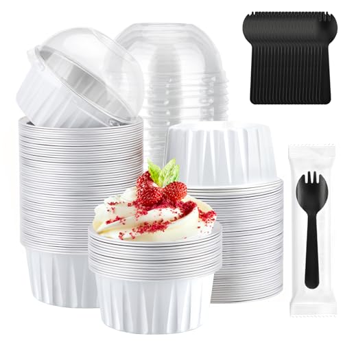 EUSOAR Mini Cheesecake Pans and Disposable Sporks, 120pcs 5oz Creme Brulee Ramekins Disposable, Foil Muffin Cupcake Liners Ramekins Baking Cups with Lids for Party Wedding Birthday Picnic Gathering