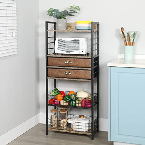 Yuyetuyo Bookshelf Industrial Retro Wood Bookcase With 2 Drawers And Wire Baskets, 4 Tier Free Standing Book Storage Shelf Display Rack For Living Room Bedroom Office, Rustic Brown #TOP7