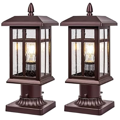 Bronze Post Light 2 Packs, Hardwired Anti-Rust Exterior Light Fixture Brown, Waterproof Outside Lamp Post with Pier Mount, Exterior Pole Lantern for Garden Yard Patio Path