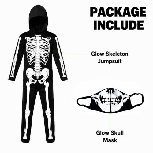 XXLOG Glow Skeleton Costume Kids Jumpsuit with Mask Boys Girls 4-6 Years | Soft Breathable Polyester, Toddler to 12-14 Years, Halloween Party, Trick or Treat — view 3