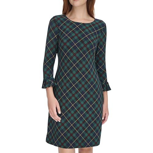 Image of Tommy Hilfiger Women's 3 /4 Ruffle Trim Sleeve Round Neck Jersey Shift Mini Dress