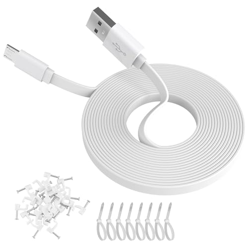 Cable de extensión de alimentación plano de 6 m para WyzeCam, YI Camera NestCam Blink Wyze Cam OG Wyze Cam Pan Netvue Kasa Cam Cloud Camera Arlo Q Furbo Dog, USB a micro USB, cable de carga duradera y