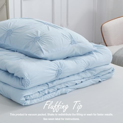 Image of Swift Home King Baby Blue Comforter Set - Ruched 3D Floral Pintuck Bedding Set - 3 Pieces Bed Linen, 1 Comforter and 2 Pillow Shams
