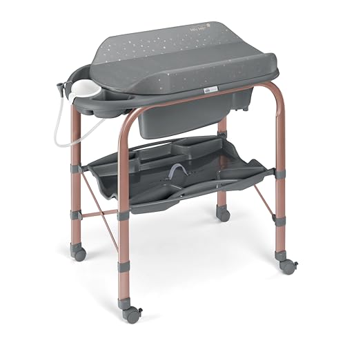 Sorelle Furniture Bagnetto Cambio Portable Baby Bathtub with Changing Table, Foldable Infant Diaper Changing Station with Storage Tray, Waterproof Pad, Nursery Organizer Bath Stand with 4 Wheels