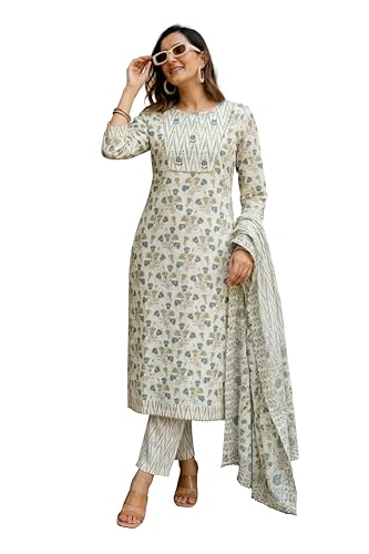 Image of MIRCHI FASHION Pure Cotton Women Straight Print & Thread Embroidery Kurti Set with Dupatta & Pant