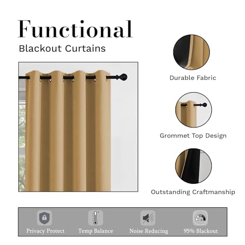 Image of LINENWALAS Long Door Curtains 9 Feet Set of 2 - Thermal Insulation 100% True Blackout Curtains, Black Backing & Fade Resistant Drapes for Living Room, Bedroom (Golden Beige)