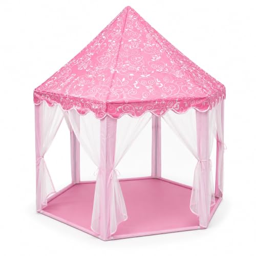 Image of BabyGo Pink Fairy Castle Kids Play Tent, Pink Princess Playhouse with Canopy Roof & Mesh Curtains, Spacious Indoor Pretend Play Tent for Bedroom, Playroom, Reading & Gifting