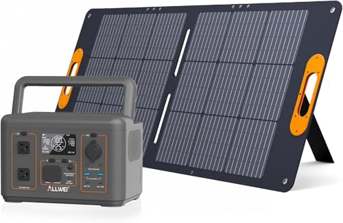 ALLWEI LiFePO4 Solar Generator 512Wh(Peak 1000W) with 100W Solar Panel, 500W Portable Power Station with UPS Mode, Pure Sine Wave AC Outlet, Home Battery Backup for Outdoor Camping RV Off-Grid Travel