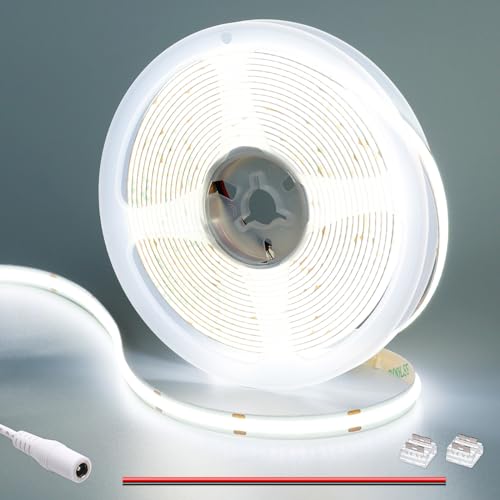 GOMING DC 24V COB LED Strip Light Cool White 6000K 5M 1560LEDs CRI 93+ 4100lm Uniform Glow Flexible Not Waterproof IP20 LED Tape Lights for DIY Bedroom Kitchen Home Decor(No Power Supply)