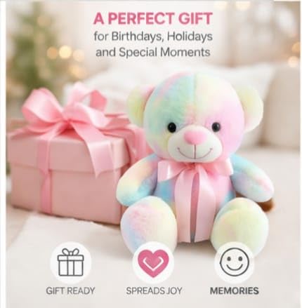 Image of Rainbow Teddy Bear with Pink Bow | Colorful Soft Plush Toy for Kids & Girls | Cute Hugable Stuffed Animal Gift | Premium Soft Toy | 27CM