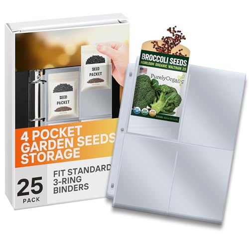 Seed Storage Organizer Sleeves 100 Pockets (25 Pack) 3.5x5 Heavy Duty Polypropylene Top Loading 4 Pocket Packet Organizer Pages for 3 Ring Binder Archival Safe Seed Keeper Clear - Performore