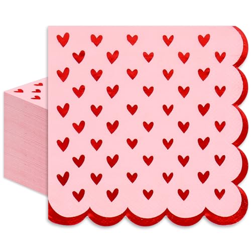 FYSUIMU 50Pcs Valentine's Day Cocktail Napkins Disposable Napkin 3Ply Scalloped Pink Red Foil Heart Beverage Napkin for Wedding Anniversary Valentine Party Supplies
