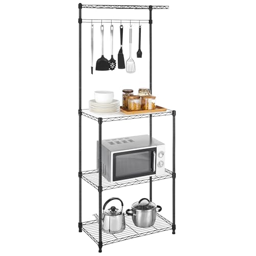 SONGMICS Baker’s Rack, Adjustable Microwave Stand, Kitchen Storage Rack with 4 Shelves 6 Hooks, for Pots, Pans, Spice Bottles, in The Kitchen, Apartment, Studio, Black ULGR040B01