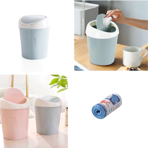 Image of Plastic Mini Desktop Trash Can with Trash Bags, Tiny Wastebasket Small Garbage Waste Bin with Swing Lid for Tabletop Table Office Kitchen Bedroom Bathroom (Blue)