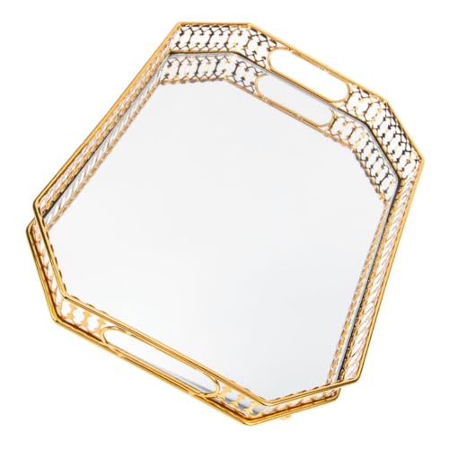 CONGARTENO Gold Iron Art Glass Mirror Tray Decorative Vanity Organizer for Jewelry Cosmetics Fruit Display Bathroom Countertop Storage Minimalist Design Easy-clean Rectangular Small Tray