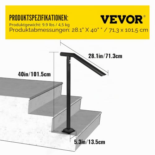 Happybuy Treppengeländer Stahl 102x71,3 cm Handlauf 150 kg Traglast Eingangsgeländer formschön Handlauf Außen Rohrdicke 2 mm Ideal für Outdoor-Garten Hinterhof