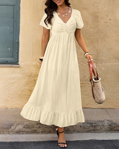 Image of BTFBM Womens Summer Dresses 2026 Casual Short Sleeve V Neck Drawstring Wedding Guest Maxi Dresses Boho Beach Long Dress