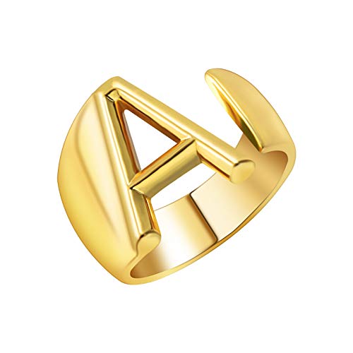 Women Gold Ring Letter Design Gold Plated Initial Rings for Fashion Street Photography TikTok Party Adjustable Open Women's Statement Rings A Letter Chunky Rings for Teen Girls with Gift Box
