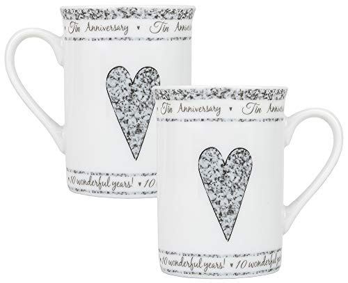 Beautifully Designed 10Th Tin Wedding Anniversary Set Of Ceramic Mugs With Hearts | Dishwasher And Microwave Safe With Decorative Keepsake Box #TOP3
