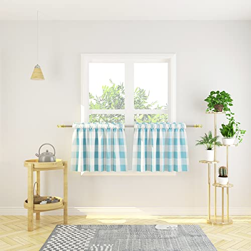 NATUS WEAVER Window Curtain Valances 16 inches Long 2 Panels Buffalo Check Small Curtain Rod Pocket Classic Country Farmhouse Kitchen Tier Curtains - Sky Blue & White