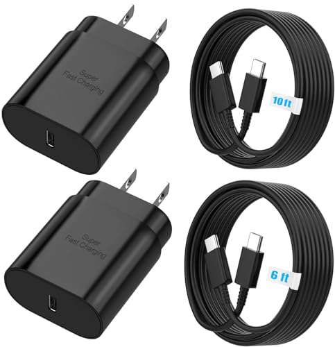 TT&C 25W Charger for Android, Super Fast Charging USB C Block & Type C Charge Cable Cord (6ft & 10ft) Compatible with Samsung Galaxy S26, S25, S24 Plus, S23, S22, & for iPhone 15/16/17-Black 2-Pack