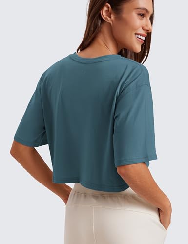 Image of CRZ YOGA Pima Cotton High Neck Crop T-Shirt | Workout, Naturally Soft, Loose Fit, Short Sleeve Tops for Women