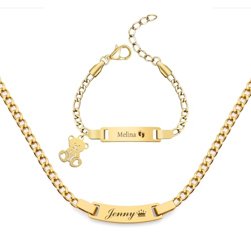 Malihome Personalized Bracelet & Necklace Set Custom Engraving Name/Text/Birth Date Stainless Steel Bracelets Gift for Baby Baptism Toddler New Mom (Bracelet-Necklace Set)