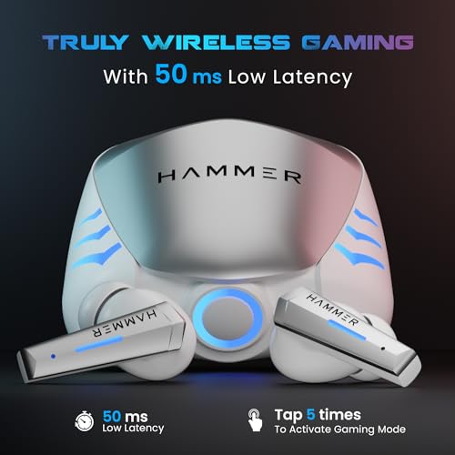 Image of HAMMER Arcade True Wirelss Gaming Earbuds with RGB Lights, 50ms Low Latency, Type-C Charging, IPX5, Deep Bass, 20H Playtime, Bluetooth v5.3, Made in India (White)