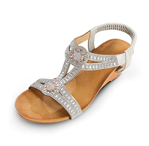 Image of FRALOSHA Wedge Sandals for Women Dressy Summer Rhinestone Glitter Open Toe Casual wedge heels Sandal Comfy Cute Beach Shoes