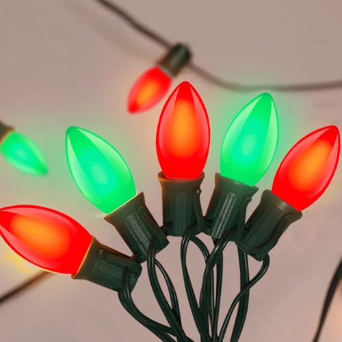 Image of 25Ft C9 LED Christmas Lights Outdoor, C9 Red and Green Christmas String Lights with 26 LED Shatterproof Bulb, Hanging Vintage Christmas Lights for Patio Xmas Tree Roofline Wedding Party Backyard Decor