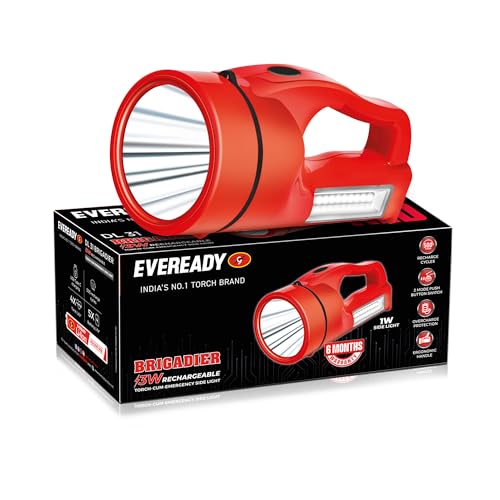 Eveready Led Rechargeable Torch Light | DL31 | Overcharge Protection | 250 Lumens | 3W Torch & 1W Sidelight| Li-Ion Battery with Charging Cable | Colour May Vary