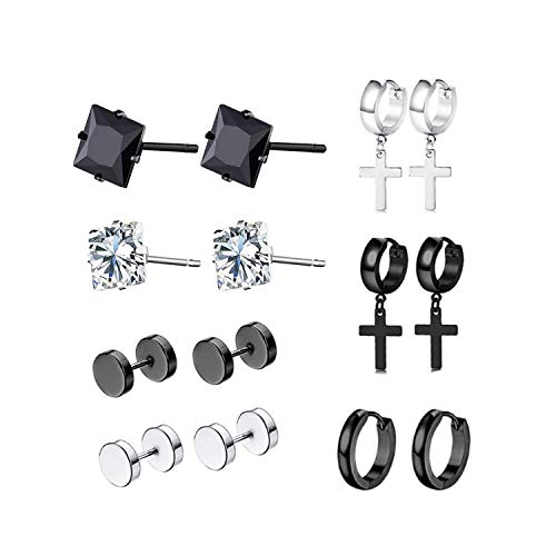 JZZJ 7 Pares Aretes de Acero Inoxidable Pendientes de Circón Negro Aretes Pequeños Aretes Barbell Mancuernas Stud Pendientes ?-?