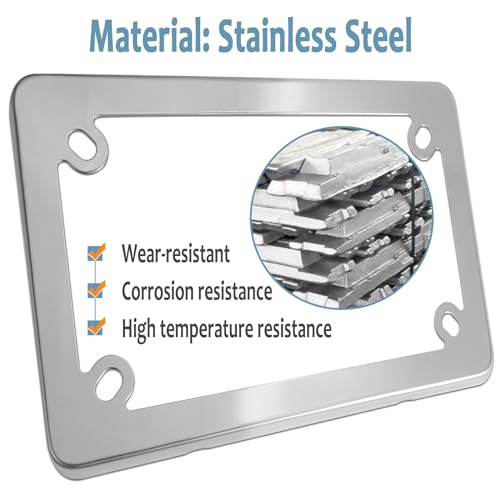 Image of BGGTMO Motorcycle License Plate Frame, Chrome Stainless Steel Tag Holder for Bike Moto Moped Motorbike Scooter, Cool Silver Metal Bracket with Screws Nuts Caps, 1 Pack