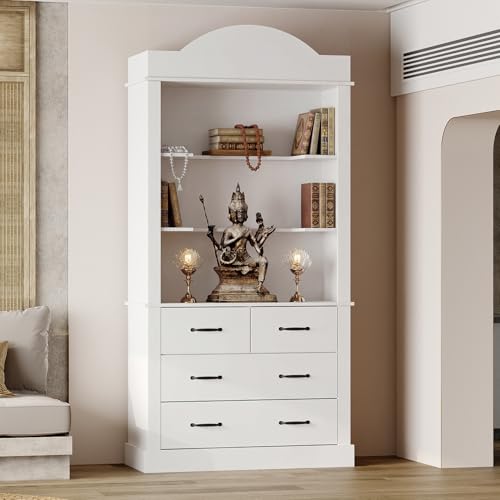 ECACAD Altar Cabinet with 4 Drawers & 3 Shelves Tall Pooja Altar Table for Home Temple Modern Buddhist Bookshelf Display Storage Cabinet with Open Shrine Stand White