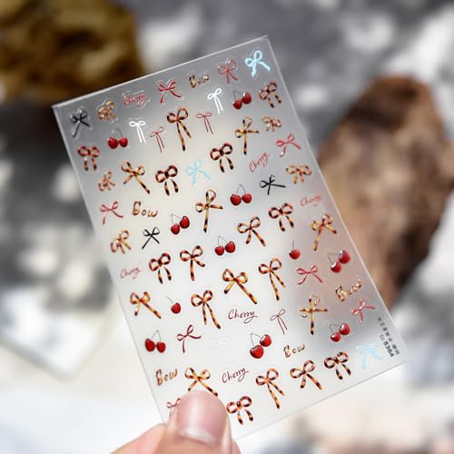 Image of Bow Nail Stickers Cherry Nail Decals for Nails Art with Leopard Print Design Bowknot Nail Art Stickers 5D Embossed Self Adhesive Nails Art Decals for Women Girls Manicure DIY Decoration Accessories