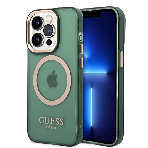 CG MOBILE Guess Coque Compatible avec Magsafe avec Contour doré translucide, dernier Design Brillant, Anti-Rayures, résistant aux dommages, Compatible avec iPhone 14 Pro Max (Kaki)