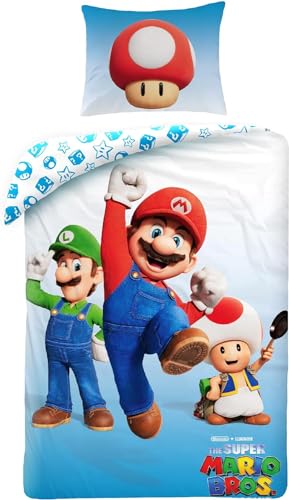 Super Mario Luigi Toad - Housse de Couette réversible 140 x 200 cm et taie d'oreiller 70 x 90 cm – Multicolore – 100% Polyester