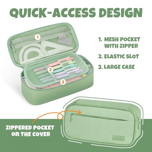 SUNEE Cute Pencil Case, Large Capacity Pencil Pouch, Big Storage Organizer for Stationery, Zipper Pen Bag, Back to School Supplies, Office Organizer Makeup Bag, for Teen Girl Boy Men Women, Green - Image 3