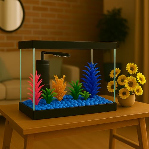 Aquário 11L Completo com Ração, Anticloro, 5 Plantas e 2 Pedras Coloridas - Kit Iniciante (Branco,CO