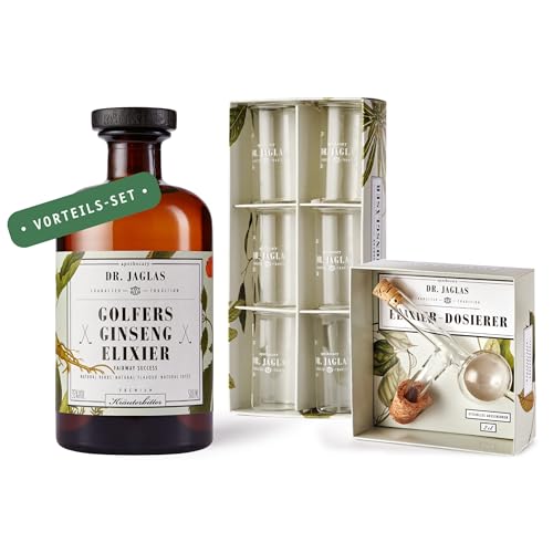Dr. Jaglas Golfers Ginseng Elixier 500ml Geschenkset mit Dosierer & Gläsern - Kräuterlikör 35% Vol. - Amaro Kräuterschnaps - Bitter Schnaps Spirituose - Alkohol Geschenk - Kräuter Likör vegan