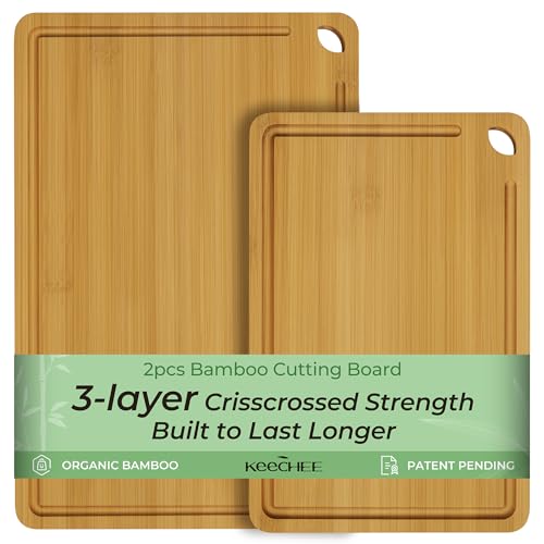 Tabla de cortar de bambú, tablas de cortar de madera duraderas para cocina, tabla de cortar de madera con ranuras profundas para jugo y asas integradas (L+M natural)