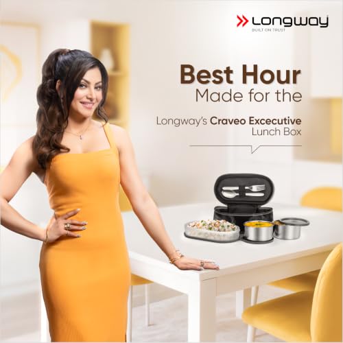 Image of LONGWAY Craveo Stainless Steel Lunch Box with 3 Containers | 2 Round 300ml Each & 1 Oval 500ml | Airtight & Leak Proof with Spoon | Food-Grade Steel Lunch Box for Office, School & College (Black)