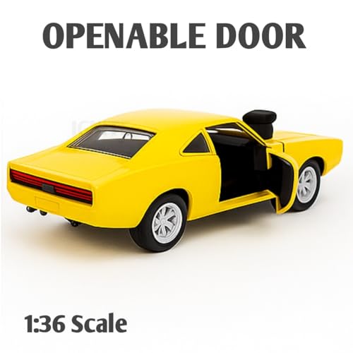 Image of 1:36 Scale Fast & Furious 7 Dom Dodge Charger Toy Car - Die-Cast Alloy Pullback Model Vehicle with Openable Doors - Collectible Metal Racing Car Toy for Kids, Boys (Yellow)