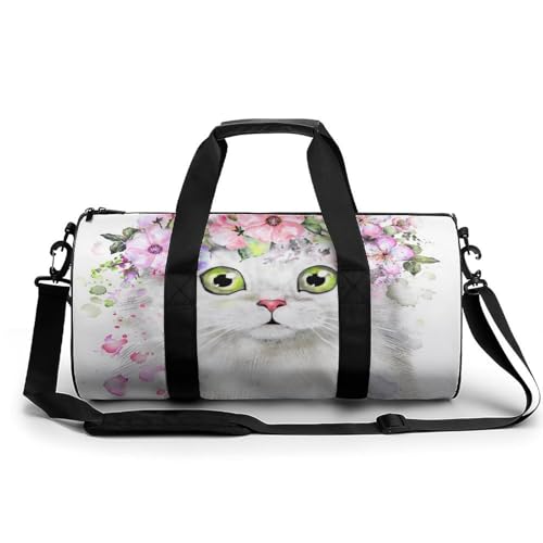 Duffel bag de camping fleurs et chat blanc grand compartiment 45cm