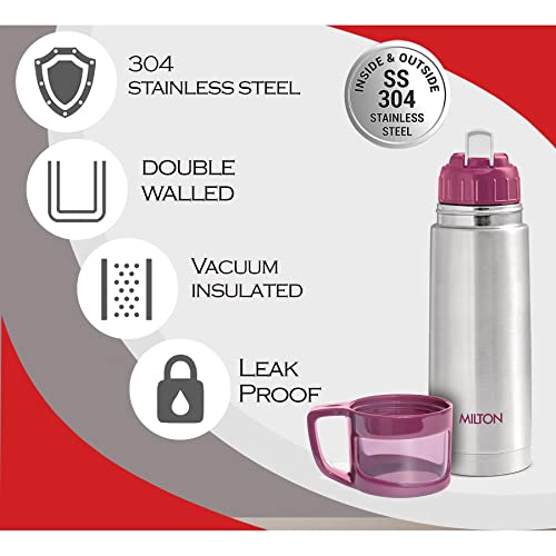 Milton Glassy 350 Thermosteel Vacuum Insulated Double Walled Flask with Drinking Cup lid & Jacket, 350 ml Water Bottles,24 Hours Hot & Cold, Easy to Carry,Rust Proof, Tea, Coffee, Travel Bottle,Pink