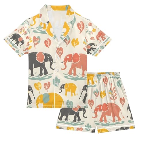 senya Elephants Family Playing Satin Summer Pajama Sets Silk Short Sleeve Button Down Sleepwear