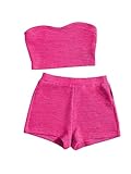 Verdusa Women's 2 Piece Outfit Ribbed Crop Bandeau Tube Top and Biker Track Shorts Sets Hot Pink S