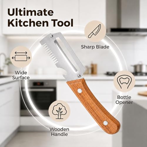 Image of 2 Pack Multifunctional Vegetable Peeler for Kitchen 3 in 1 Stainless Steel Peeler with Wooden Handle, Grater & Bottle Opener Fruit & Vegetable Peeler for Potato, Carrot, Apple & Cucumber