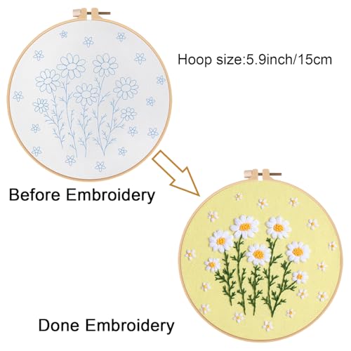 Image of Louise Maelys Daisy Flower Beginners Embroidery Kits,Cross Stitch Kit for Adults,DIY Needlepoint with Floral Pattern,Including Hoop,Threads and Instruction